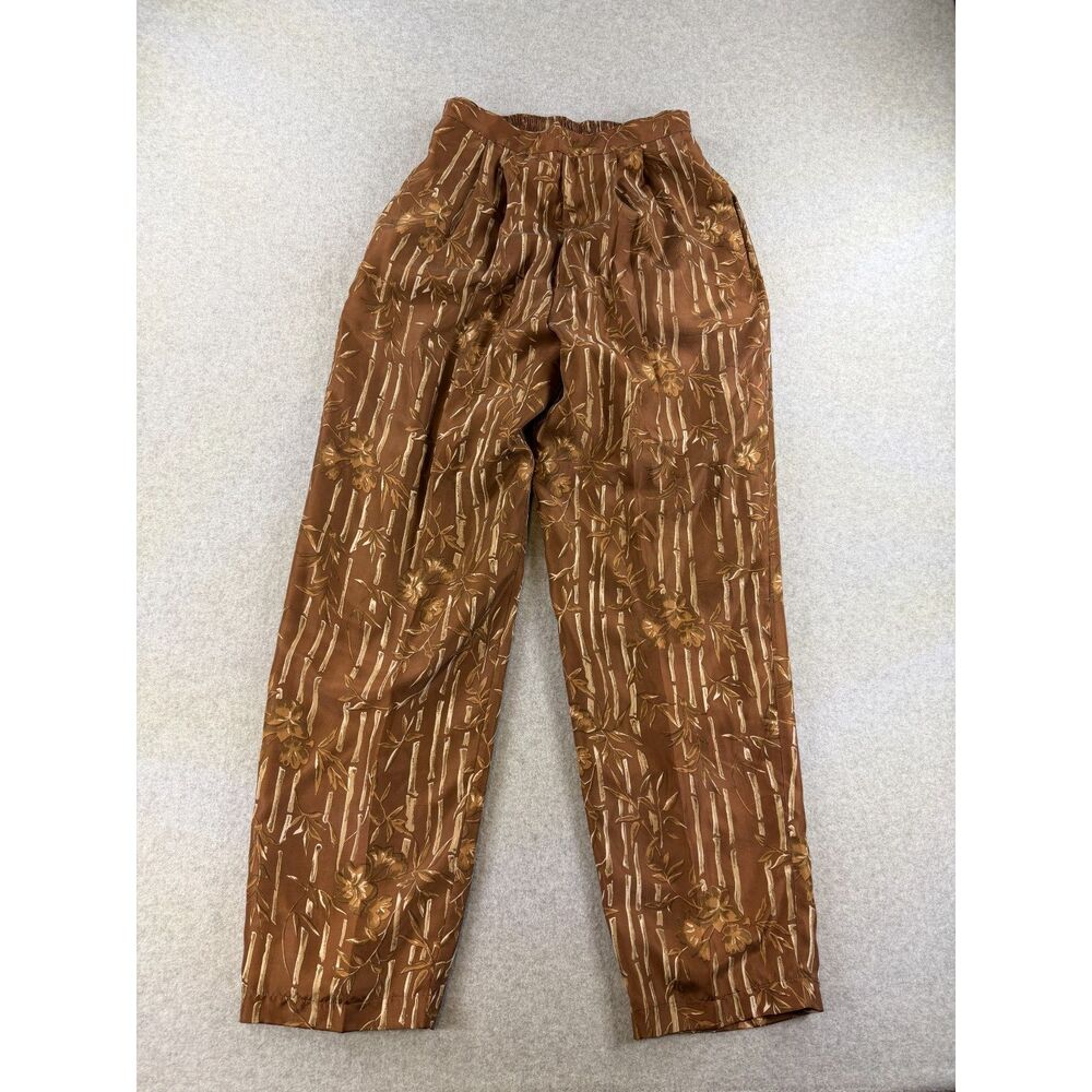 Melrose Studio Silk Brown Bamboo Floral Print Pull-On Pants Women's Small